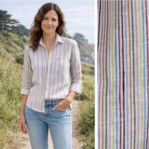 Frank & Eileen Barry White Linen Shirt Rainbow Stripe Size XS